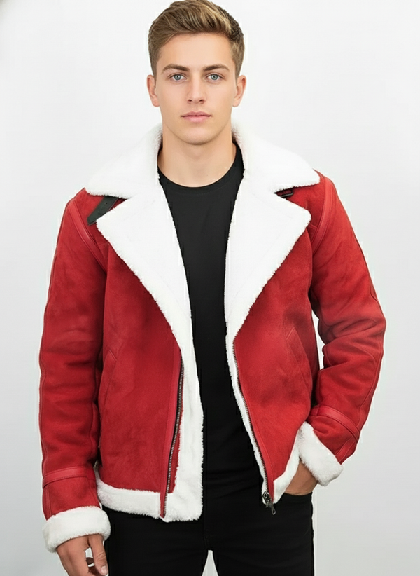 Men's Red Shearling Biker Jacket | Faux Fur Lined Winter Coat | Christmas Edition
