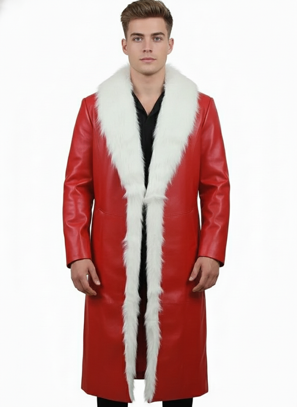 Men's Luxury Red Leather Santa Coat with White Faux Fur Trim - Christmas Holiday Long Jacket