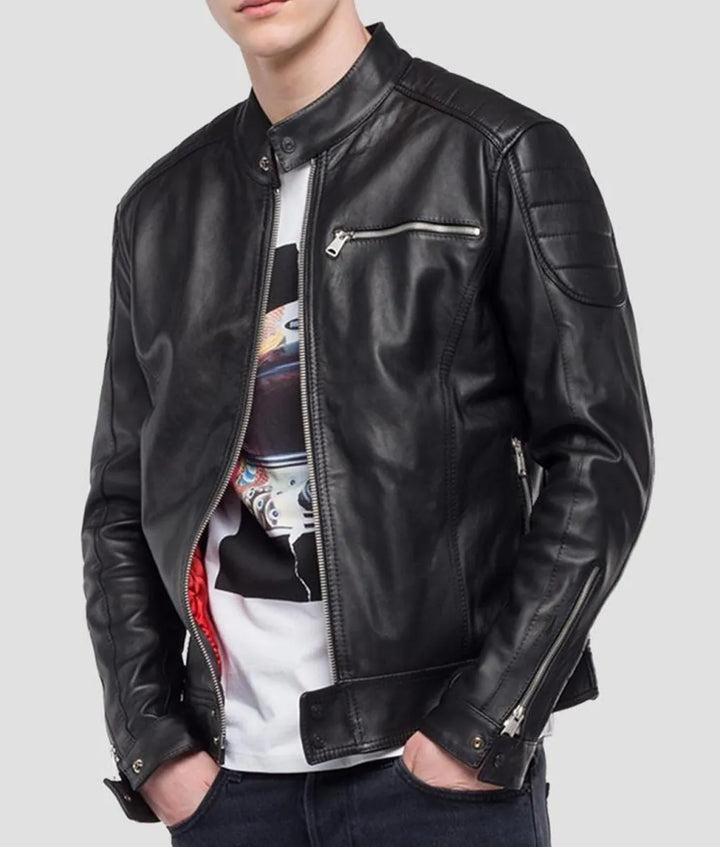 Front View Men’s Crust Motorcycle Leather Zipper Pockets Jacket