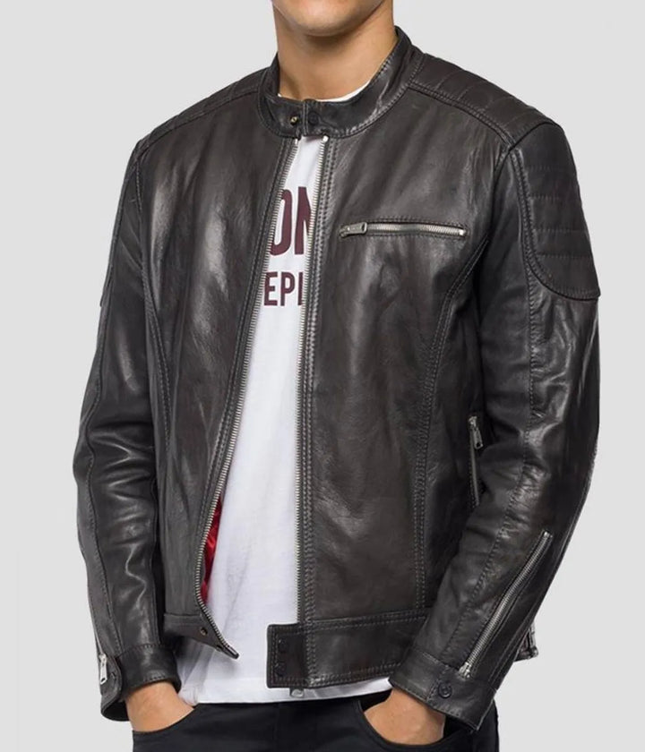 Front View Men’s Crust Motorcycle Leather Zipper Pockets Jacket