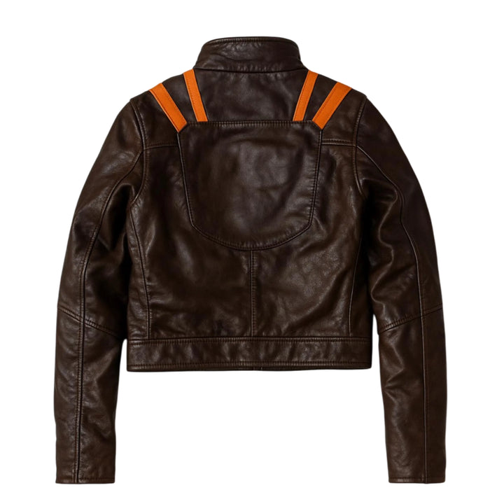 Brown leather jacket with orange accents on a white background