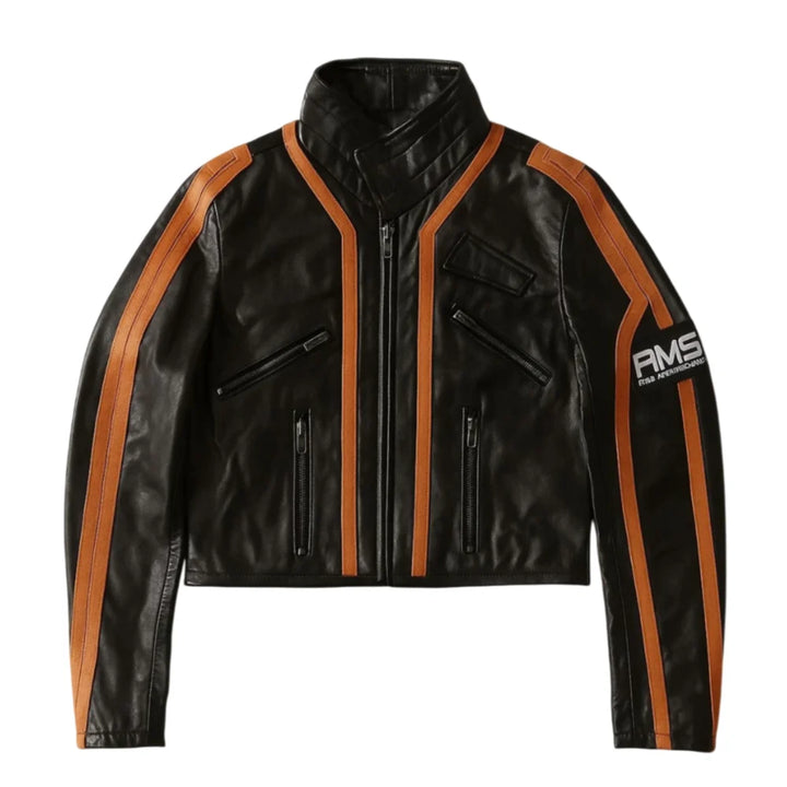 Black leather jacket with orange accents and a visible brand logo on a white background