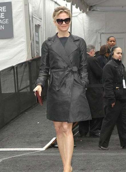 Elegant leather long coat worn by Renee Zellweger in USA market