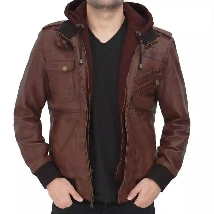Classic dark brown bomber jacket with a hood in UK market