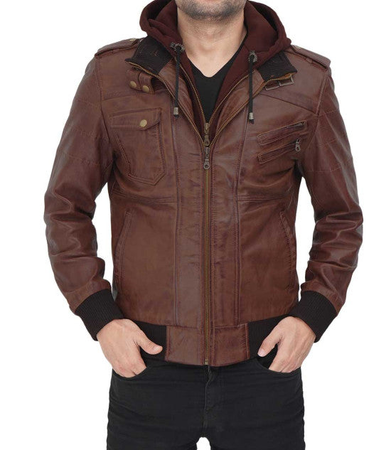 Men's dark brown bomber jacket with hood in USA market