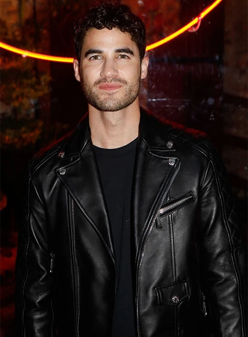 Darren Criss looking sharp in a black leather jacket in USA market