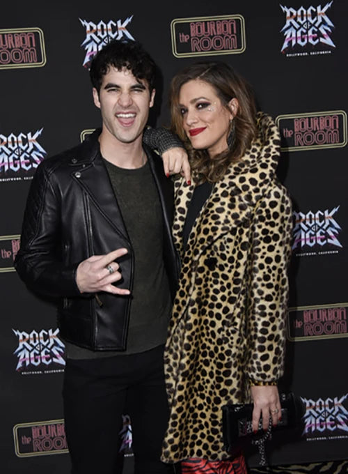 Darren Criss's edgy black leather outerwear in American style