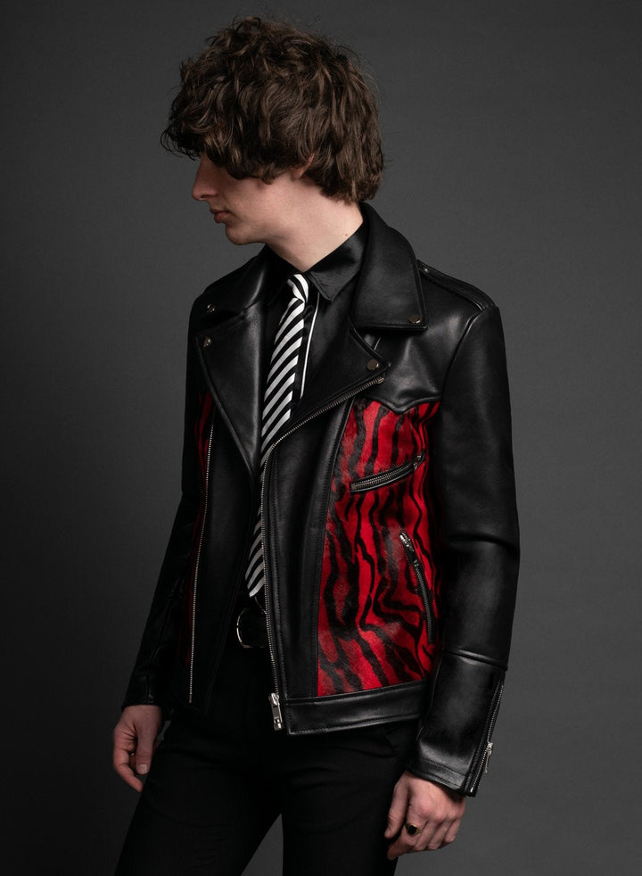 Classic red and black leather jacket for men in Farnce style