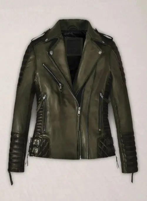 Charlotte Burnt Olive Leather Jacket Front View in USA