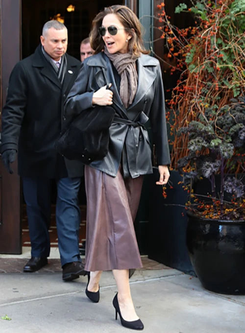 Chic black leather jacket worn by Diane Lane in France style