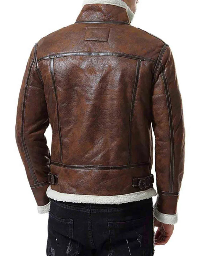 Back View Men’s Biker Shearling Bomber Distressed Brown Leather Jacket