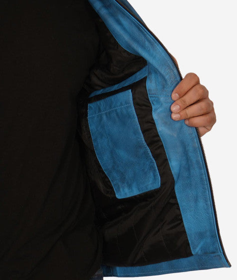 Fashionable men's cafe racer jacket in blue leather in American style