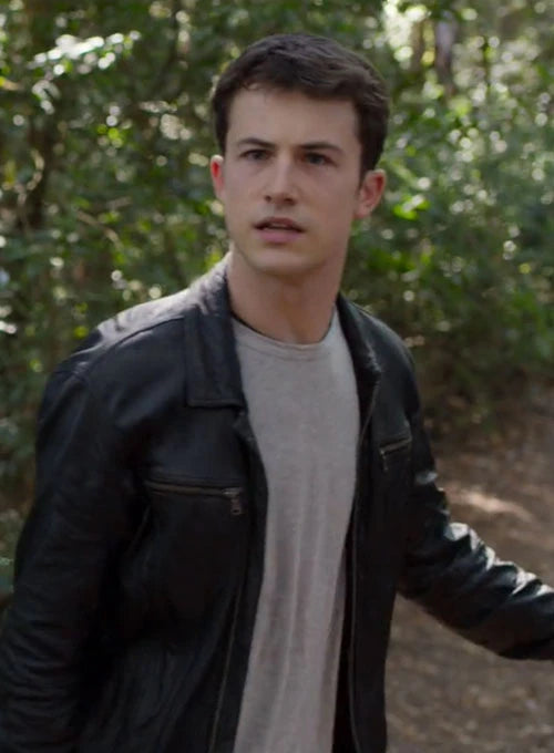 Leather jacket fashion on Dylan Minnette from 13 Reasons Why in American style
