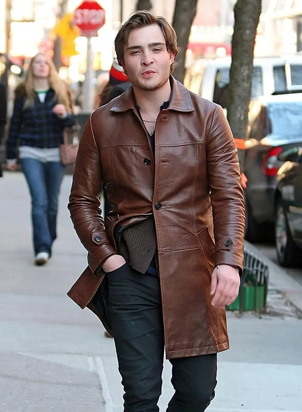 Ed Westwick rocking a leather trench coat in USA market