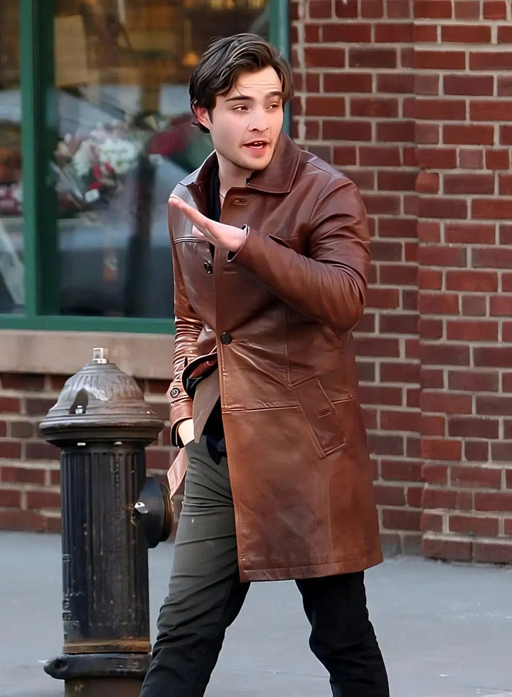 Leather trench coat fashion on Ed Westwick in American style