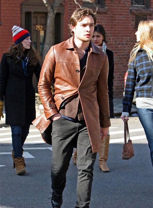 Ed Westwick's stylish leather trench coat look in United state market