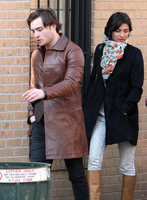 Iconic leather trench coat worn by Ed Westwick in UK style
