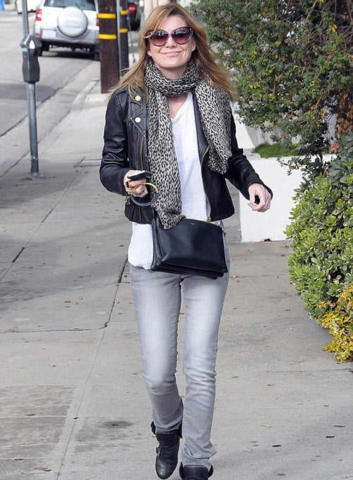 Chic Leather Jacket Enhancing Ellen Pompeo's Style in USA
