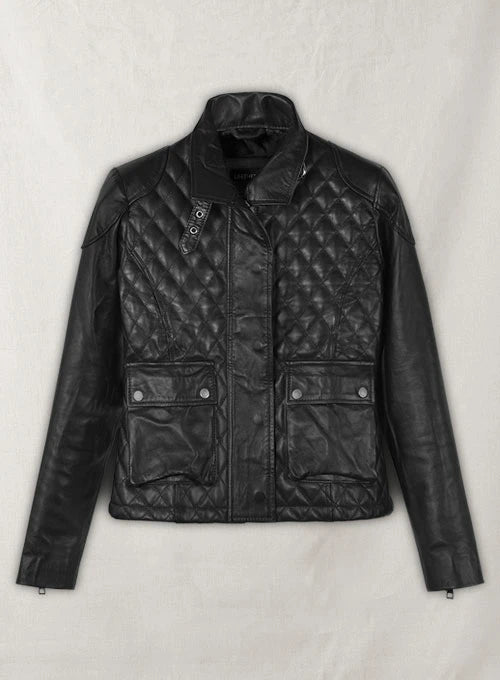 Chic black leather jacket worn by Emily Blunt in France style