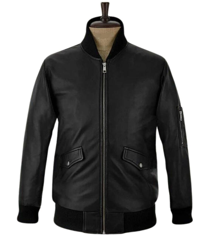 Eminem black leather jacket with a sleek zipper closure and ribbed collar, available in real or vegan leather.