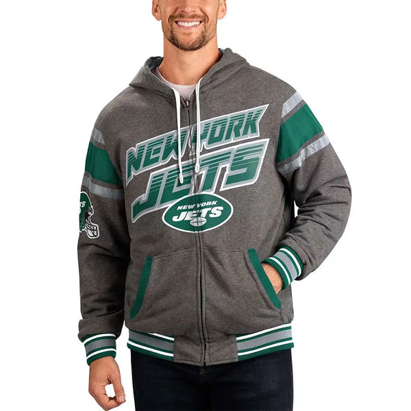 Gray New York Jets hoodie with team logos front and back

