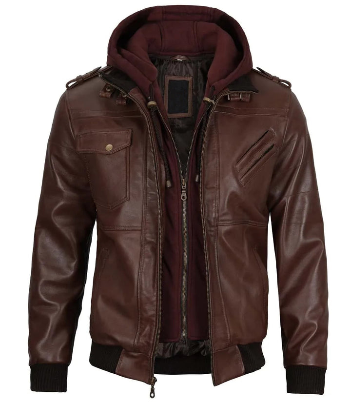 Fashionable Dark Brown Leather Bomber Jacket for Men, Hooded Style in Uk