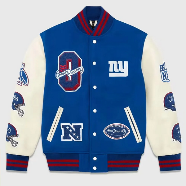 Blue and white varsity jacket with sports-themed designs on a light gray background in American Style