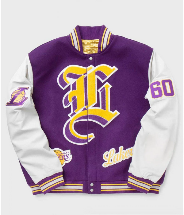 Shop LA Lakers Letterman Purple Wool and White Leather Jacket