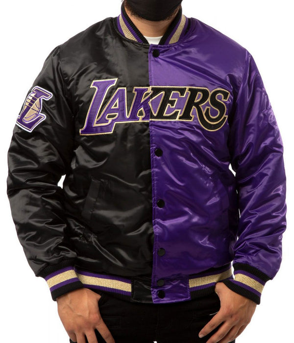 LA Lakers Purple and Black Satin Bomber Jacket Front View