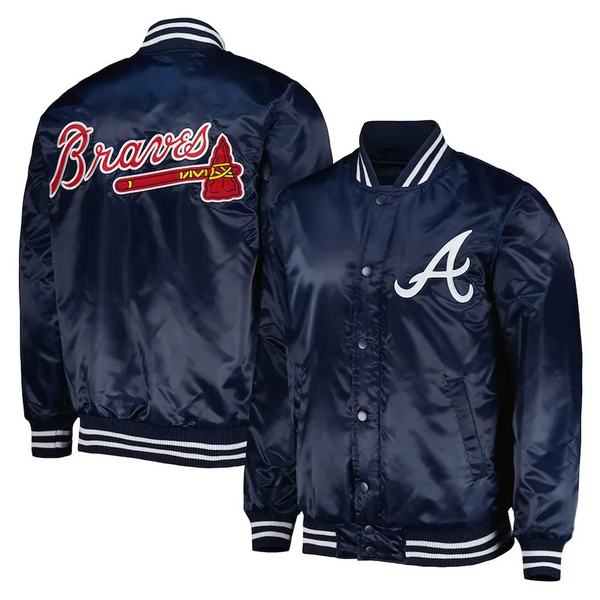 Navy Blue Atlanta Braves Patch Full-Snap Satin Jacket