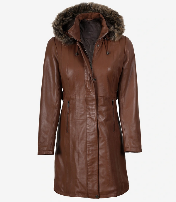 Women Brown Leather Coat With Fur Trim Removable Hood