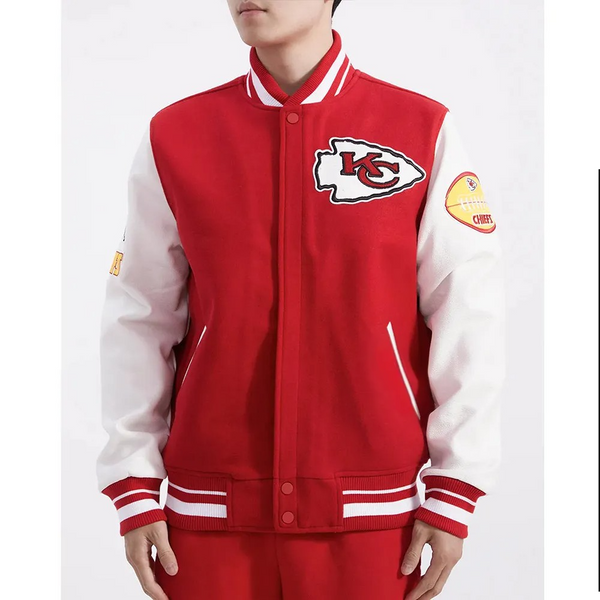 Kansas City Chiefs red and white varsity jacket front

