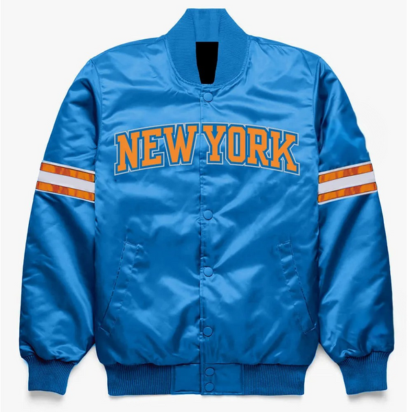 Blue satin Mets jacket with ribbed collar

