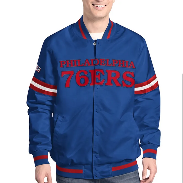 Front view NBA Philadelphia 76ers Scout Varsity Satin Jacket