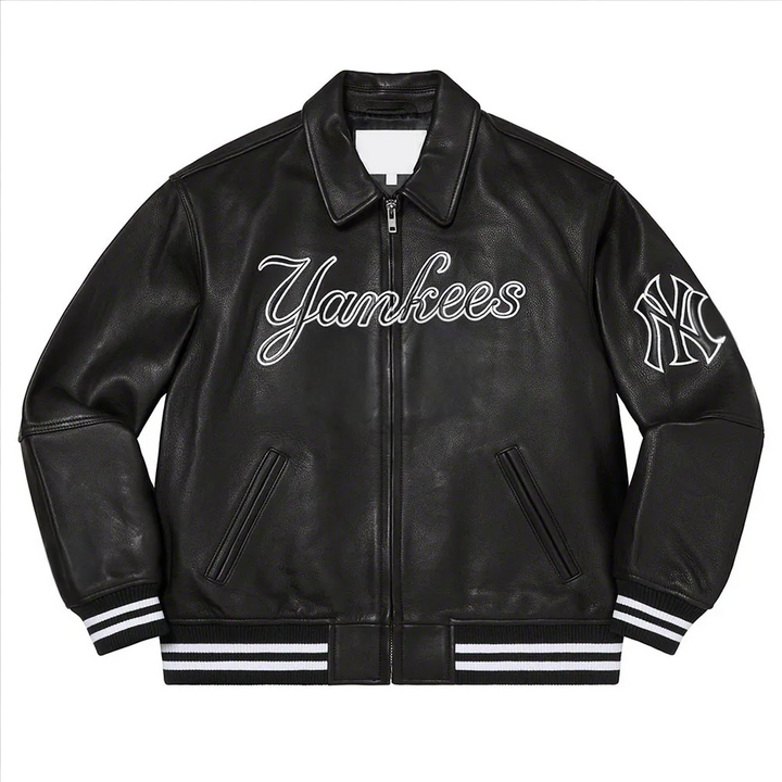 Supreme NY Yankees Varsity Leather Jacket Front View in USA