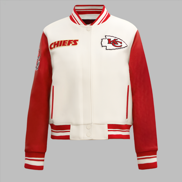 Front side view of NFL Kansas City Chiefs wool varsity jacket.