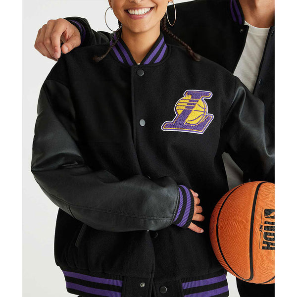 LA Lakers Basketball Black Varsity Jacket Front View