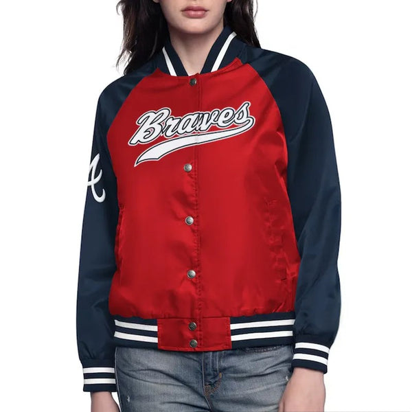 Red/Navy Atlanta Braves Home Run Varsity Satin Jacket Front View 