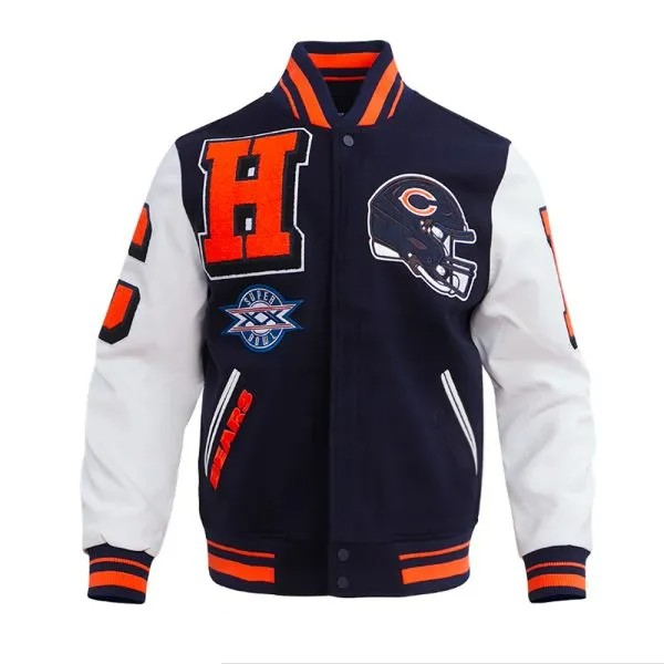 Front view of Chicago Bears mashup varsity jacket

