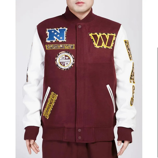 Washington Commanders varsity jacket wine and white front view

