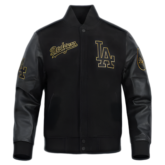 Men’s wool varsity jacket with Los Angeles Dodgers black and gold design in USA