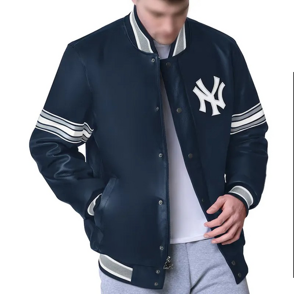 NY Yankees navy leather varsity jacket


