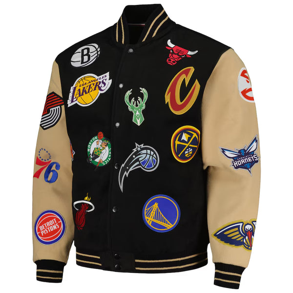Shop NBA All Logo Aviator Wool Varsity Black/Khaki Jacket