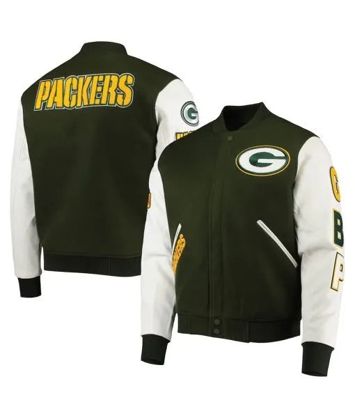Green Bay Packers green and white varsity jacket front view in USA