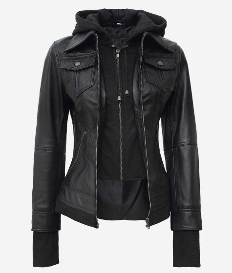 Trendy black bomber jacket with a removable hood in United state market