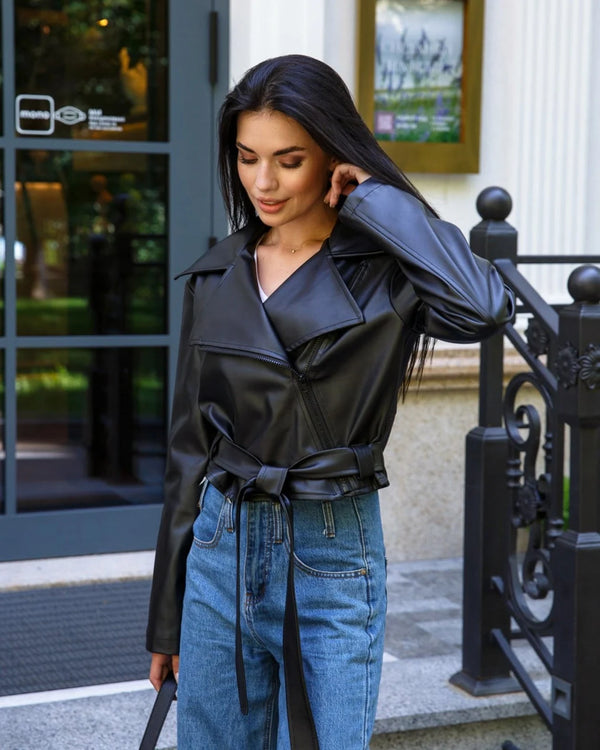 Fashionable and Stylish Belted Black Leather Jacket