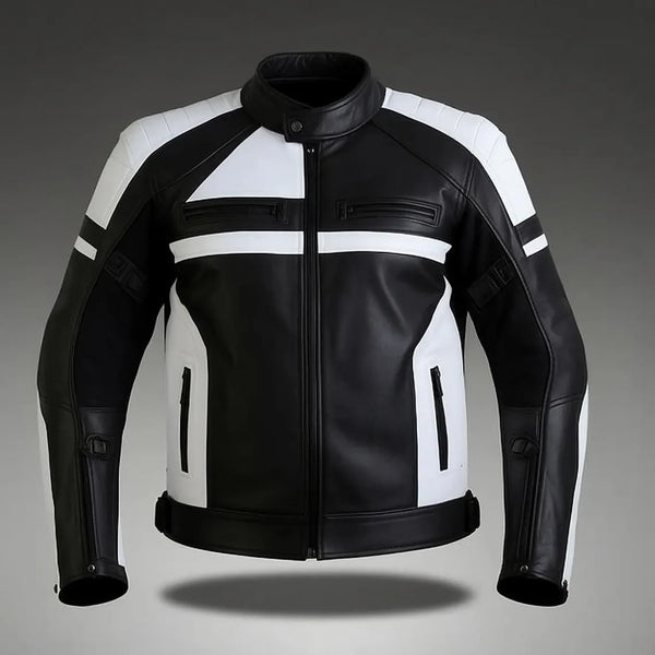 Men's Black & White Leather Motorcycle Jacket