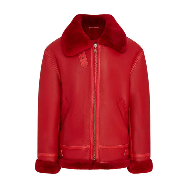 Luxury Red Shearling Bomber Jacket - Faux Fur Lined Aviator Style Winter Coat