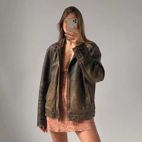 90's Women Vintage Oversized Straight Leather Jacket By TJS