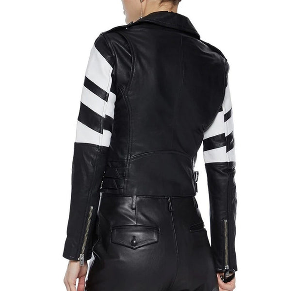 Womens Black Moto Style Genuine Leather Motorcycle Slim Fit Biker Jacket by tjs